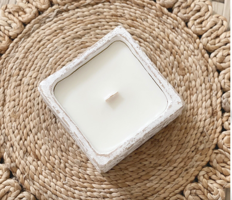 Floral square white candle clay 16 oz | orchid & amber w Snuffer