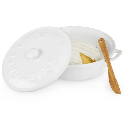 White Ceramic Brie Baker & Lid w/ Acacia Spreader