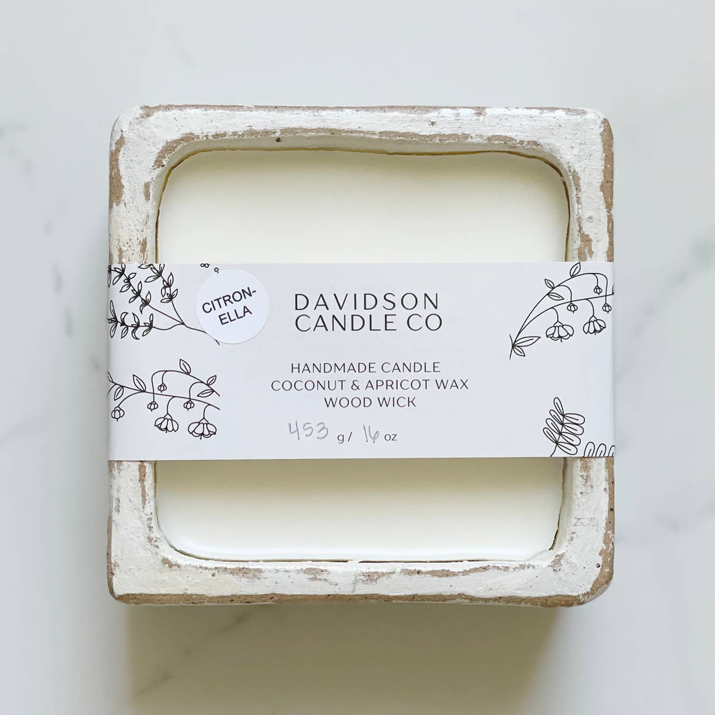 Floral square white candle clay 16 oz | orchid & amber