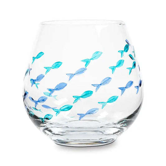 Blue/Green Etched Fish Wine Glass