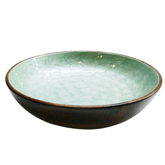 Green Textured Enamel & Wood Salad Bowl