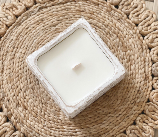 Floral square white candle clay 16 oz | orchid & amber w Snuffer