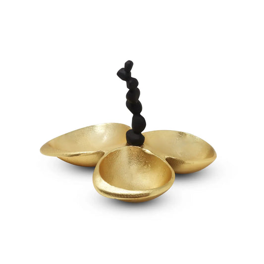 Gold 3 Bowl Relish Dish with Black Handle and Pebble Design